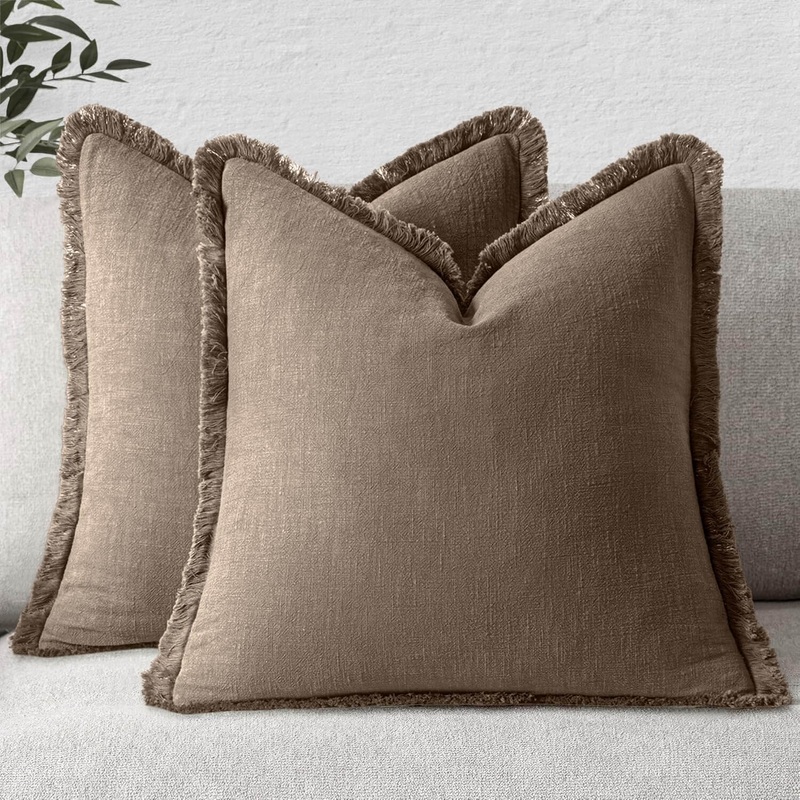 MIULEE Decorative Throw Pillow Covers Neutral Linen Fringe Throw Pillows Set of 2 Cocoa Brown Boho Farmhouse Cushion Covers for Couch Sofa Bed Living Room Spring Home Decor 22×22 Inch