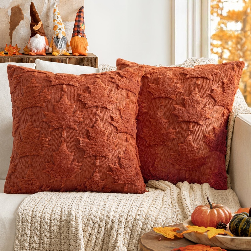 MIULEE Fall Throw Pillow Covers 18×18 Rust Red Set of 2 Decorative Solid Maple Leaf Pattern Pillow Covers Soft Plush Faux Wool Couch Pillow Covers for Couch Bed Room