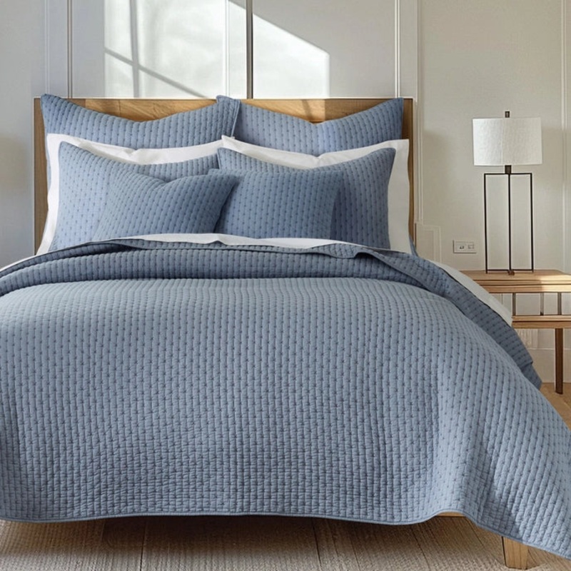 Beautiful Cross Stitch 100% Cotton Quilt Set – Chambray Blue
