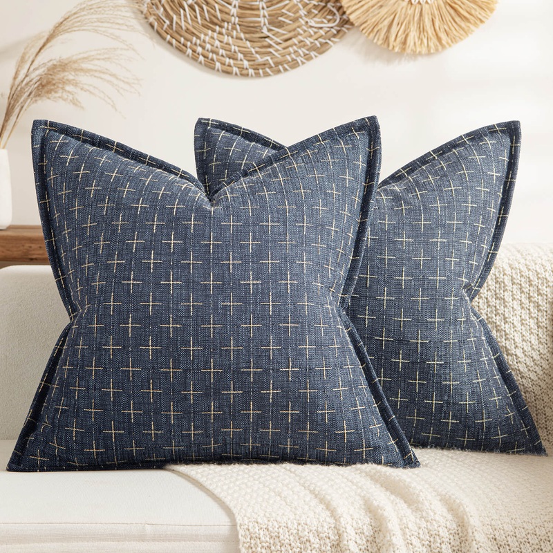 MIULEE Pack of 2 Decorative Burlap Linen Throw Pillow Covers Modern Farmhouse Pillowcase with Broad Edge Rustic Woven Textured Cushion Cover for Spring Sofa Couch Bed 20×20 Inch Blue