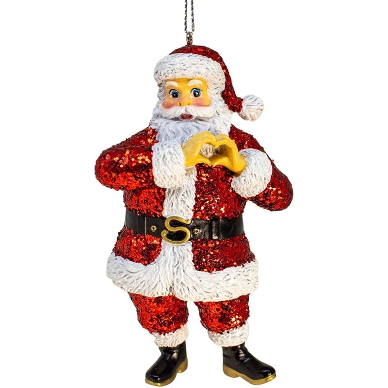 Kurt Adler Hanging Resin Christmas Tree Ornament, Glittered Santa with Heart Hands, 4″