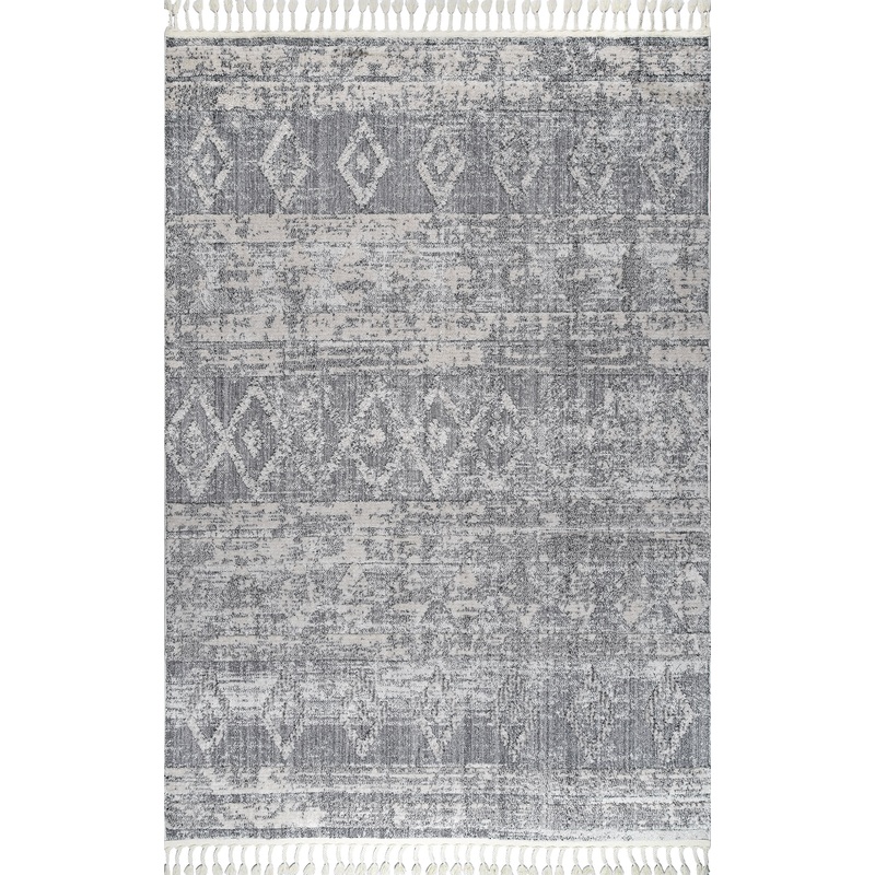 Shaggy Diamond Bands Tassel Rug | Grey