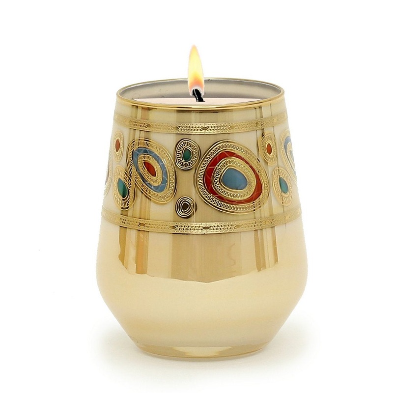 CRYSTAL CANDLES: Regalia Design Luxury Glass Candle with 14 Carats Gold finish – Cream color (12 Oz)