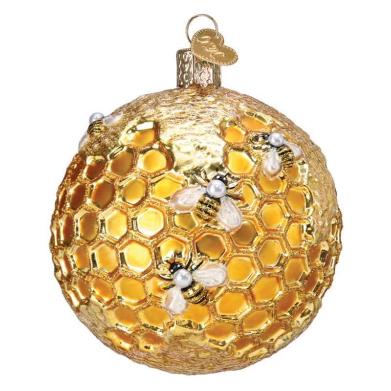 Old World Christmas Hanging Mouth-Blown Glass Ornament for Trees, Bee Blessed Round Ball, 3.5″