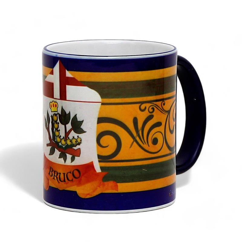 SUBLIMART: Palio di Siena Porcelain printed mug – Blue Handle & Rim – Design by Mario Bruno – BRUCO (Caterpillar)