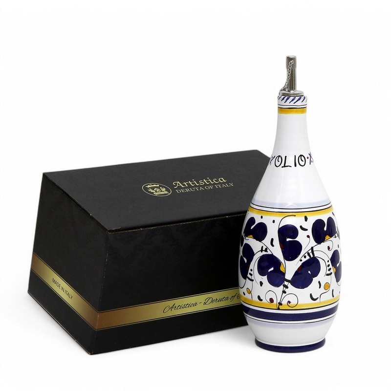 GIFT BOX: With authentic Deruta hand painted ceramic – OLIVE OIL DISPENSER BOTTLE Blue Rooster Design