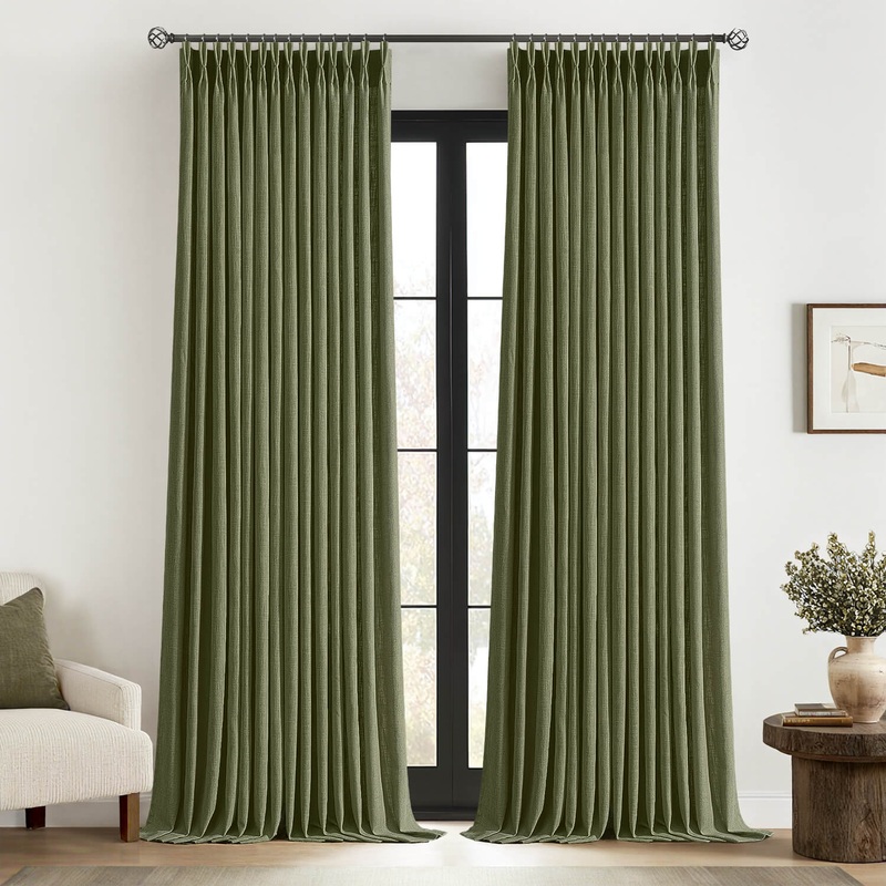MIULEE Olive Green Pinch Pleated Linen Curtains 108 Inches Long 2 Panels for Living Room Bedroom, Thick Texture Linen Drapes Pleat Semi Sheer Moss Green Foor to Ceiling Curtains with Hooks&Rings
