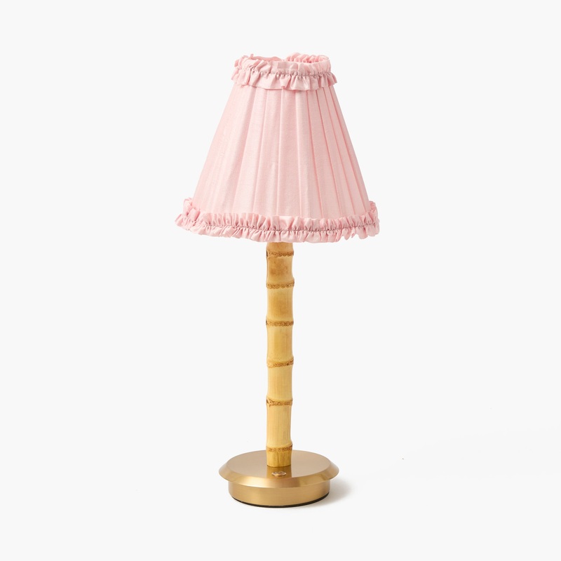 Rechargeable Bamboo Lamp with Pale Pink Silk Frilled Shade (18cm)