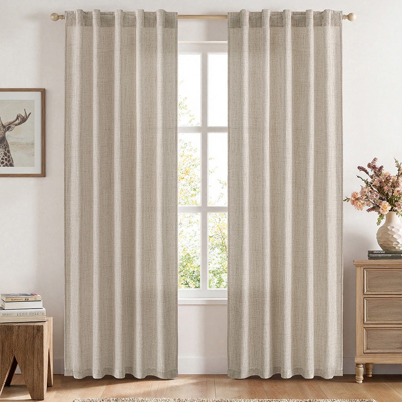 MIULEE Faux Linen Curtains 84 Inch Length 2 Panels Natural Khaki Semi Sheer Curtain with Back Tab Rod Pocket , Light Filtering Window Privacy Burlap Drapes for Living Room Bedroom 42W x 84L