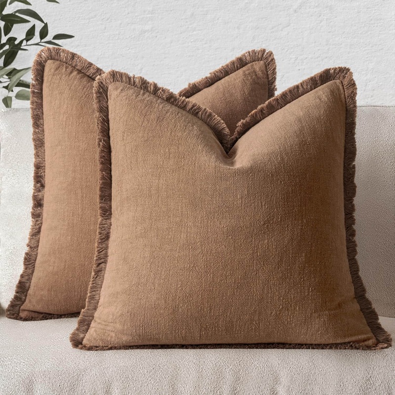 MIULEE Decorative Throw Pillow Covers Neutral Linen Fringe Throw Pillows Euro Shams Set of 2 Brown Boho Farmhouse Cushion Covers for Couch Sofa Bed Living Room Spring Home Decor 26×26 Inch