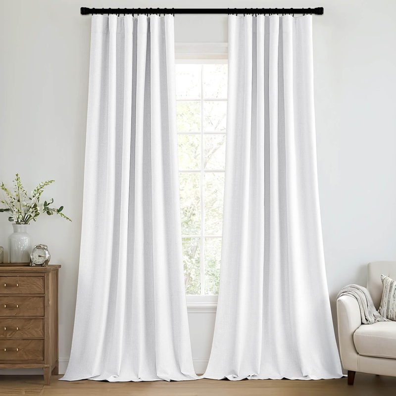 MIULEE 100% Blackout Curtains 102 Inch Long 2 Panels Set for Bedroom, Thick Faux Linen Black Out Curtain Room Darkening Back Tab Pleat Window Textured Drapes with Hooks for Living Room, Bright White