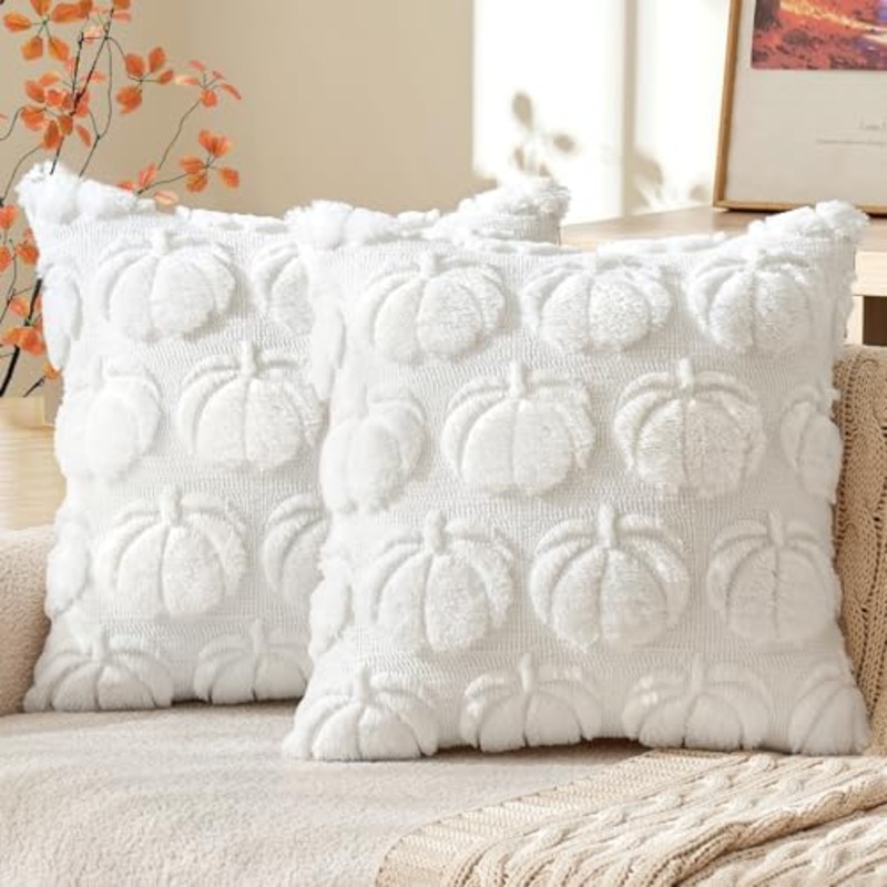 MIULEE Fall Throw Pillow Covers 26×26 Set of 2 Autumn Decorations Pure White Pumpkin Accent Pillowcase for Sofa Couch Porch Bed Living Room Soft Plush Faux Fur Halloween Farmhouse Home Decor