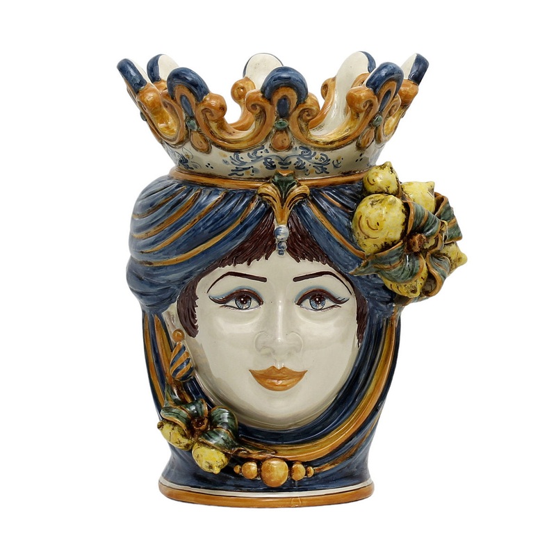 CALTAGIRONE: Moorish Sicilian Head Vase – Woman with LEMONS Multicolor Blue Orange (Large)