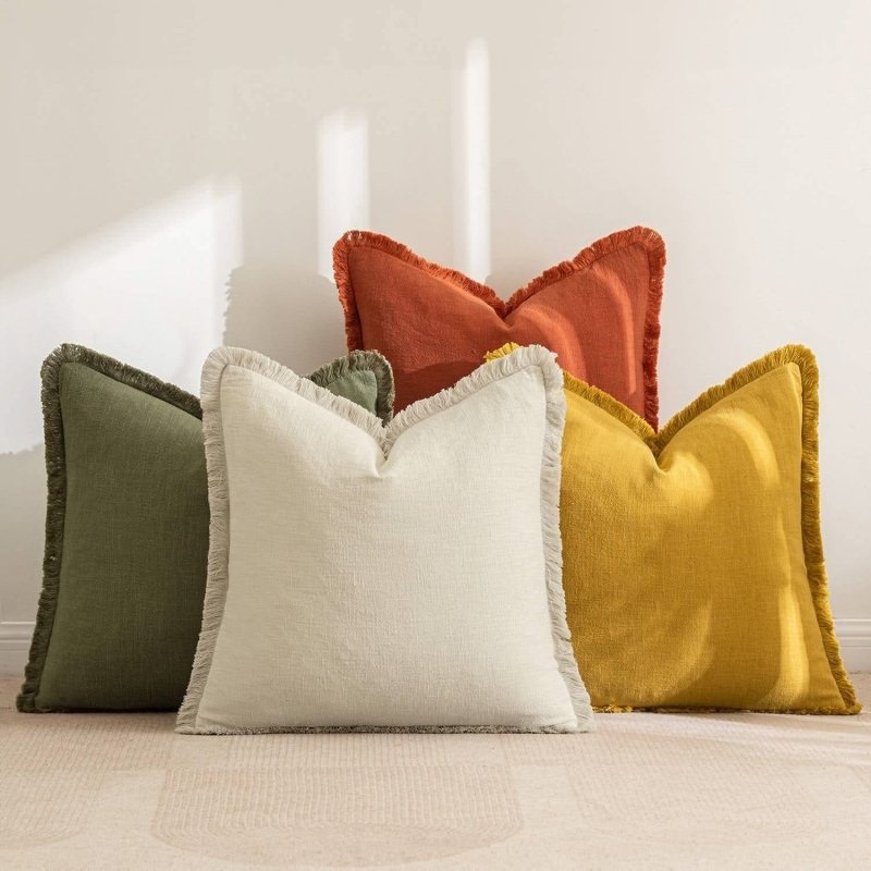 MIULEE Linen Pillow Covers 18×18 Inch Decorative Throw Pillows with Fringe Pack of 4 Soft Farmhouse Boho Couch Pillows Home Decors for Sofa Cushion Living Room Bed Beige Rust