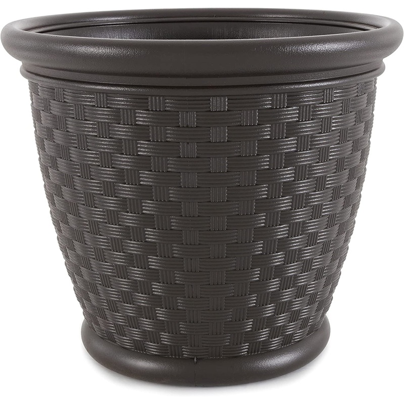 Suncast Sonora Resin Wicker Planter Contemporary Lightweight Flower Pot for Indoor and Outdoor Use, Java, 18″