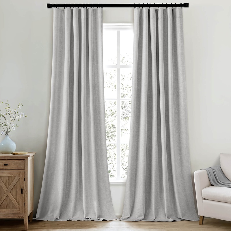 MIULEE 100% Blackout Curtains 108 Inch Long 2 Panels Set for Bedroom, Thick Luxury Faux Linen Black Out Curtain Room Darkening Back Tab Pleat Window Textured Drapes with Hooks for Living Room, Grey