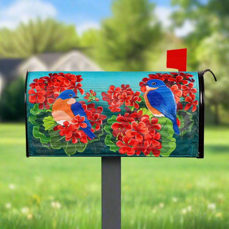 Bluebird in Red Geraniums Mailbox Cover