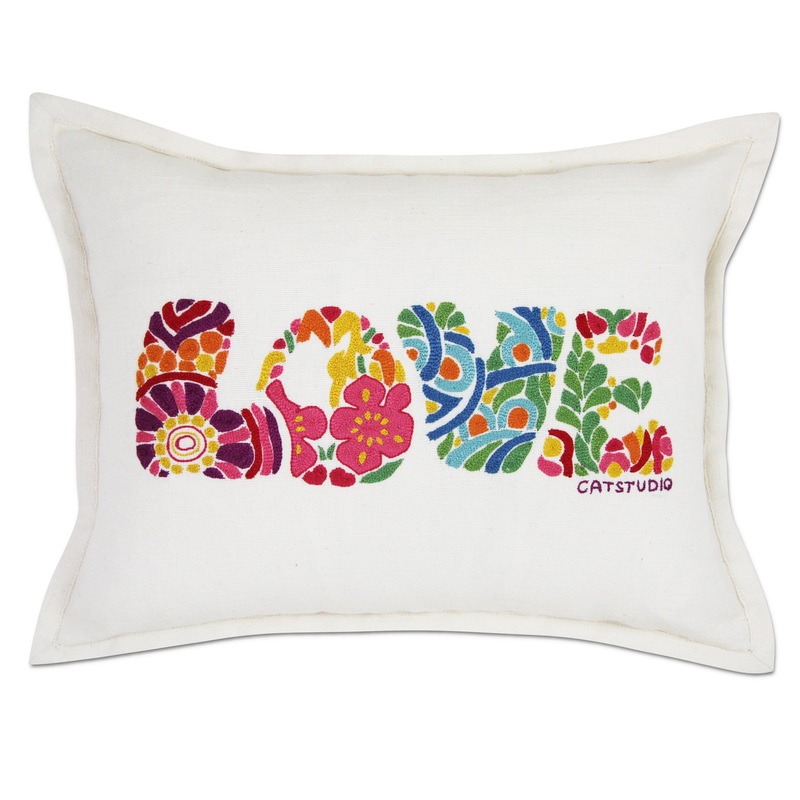 Flower Power Love Letters Hand-Embroidered Pillow – Available in Bright or Pastel