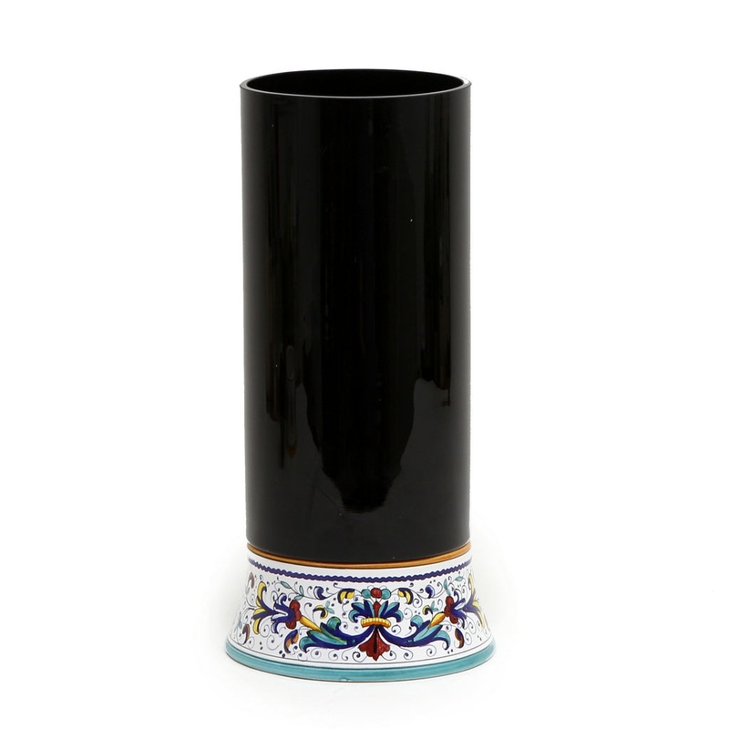 DERUTA VETRO: Cylindrical Glass Vase on ceramic base RICCO DERUTA design – BLACK Glass [R]