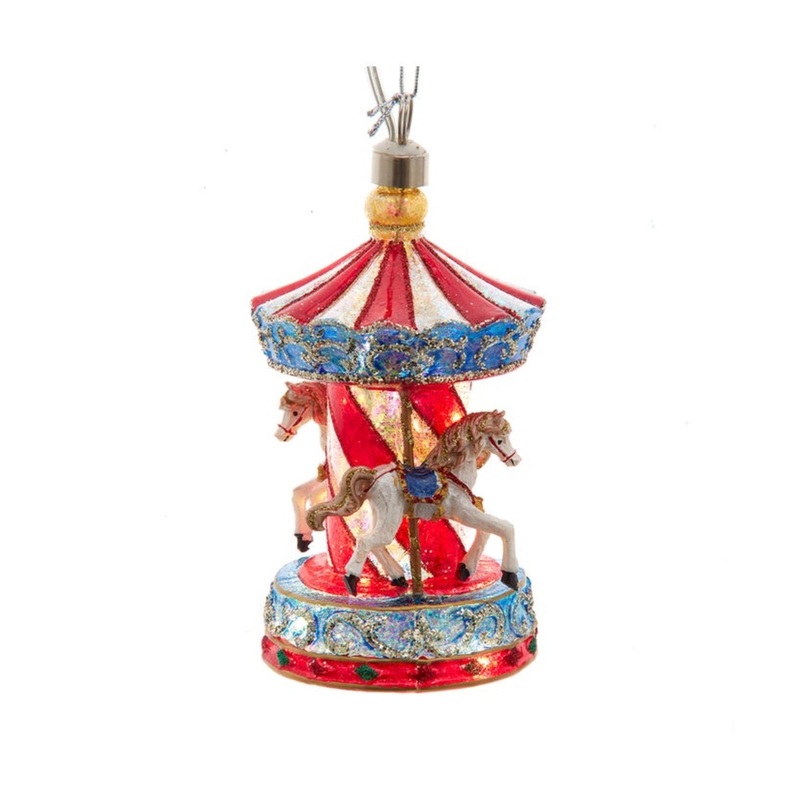 Kurt Adler Pre-lit Hanging Glass Ornament, Warm White LED’s, USB-Powered Carousel