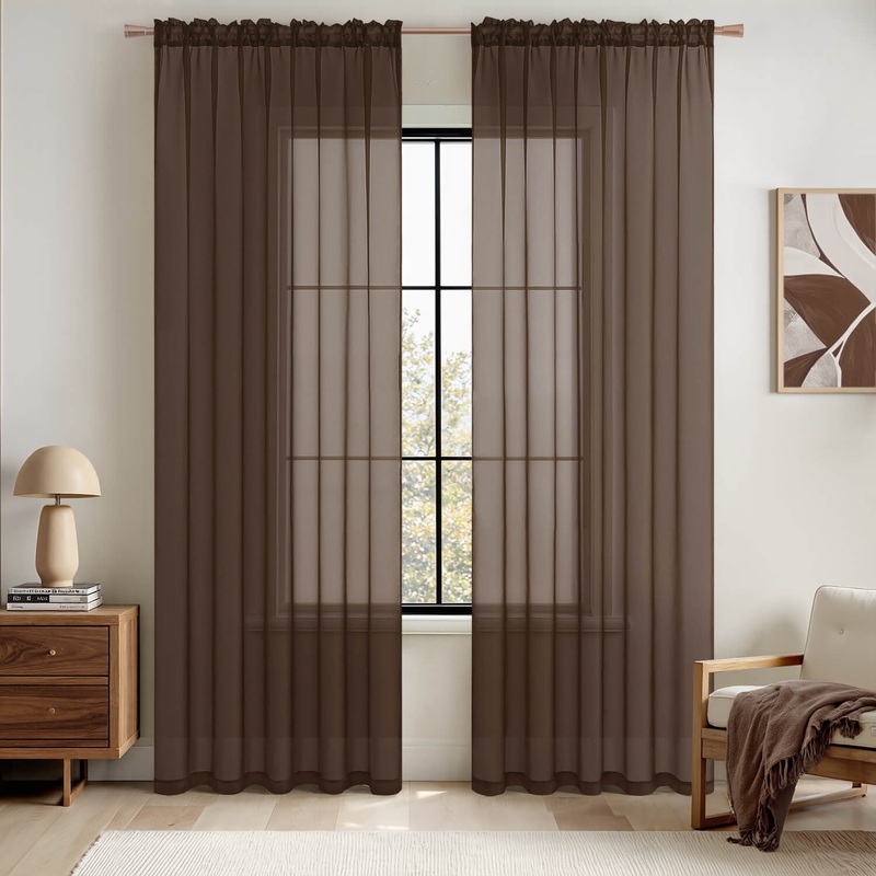 MIULEE 2 Panels Solid Color Sheer Window Curtains Elegant Window Voile Panels/Drapes/Treatment for Bedroom Living Room (54X108 Inches Chocolate)