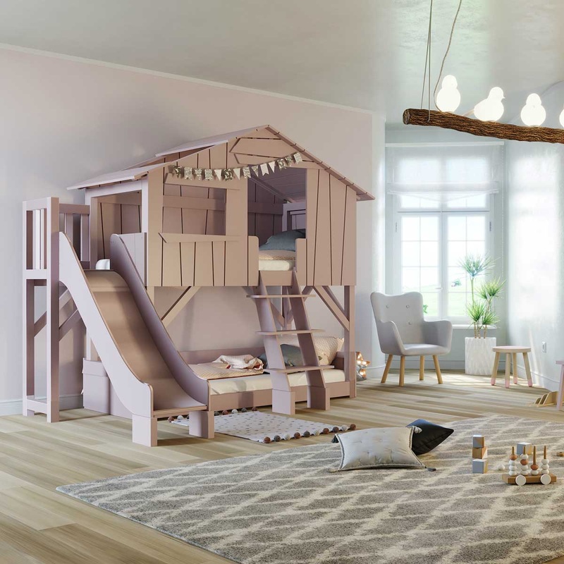 Tree house Bunk Bed with Slide and Side Platform